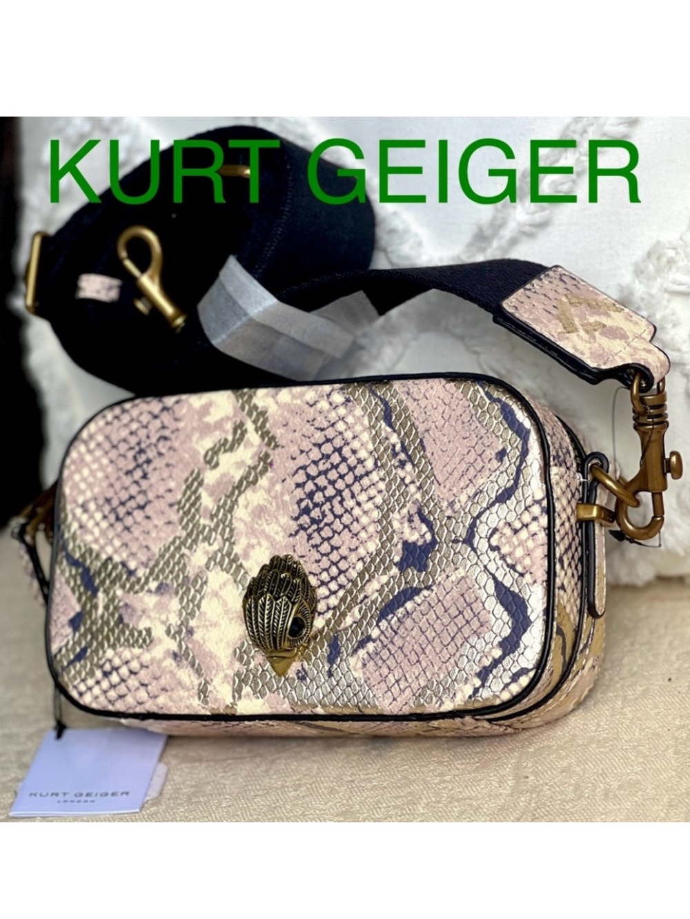 KURT GEIGER Kensington snake animal print embossed leather wide strap camera bag